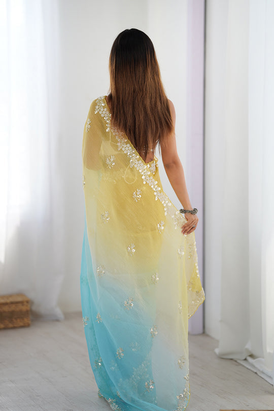 BLENDED COLOR of BUTTER YELLOW and ICY AQUA BLUE Chiffon Silk Saree