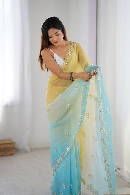 BLENDED COLOR of BUTTER YELLOW and ICY AQUA BLUE Chiffon Silk Saree