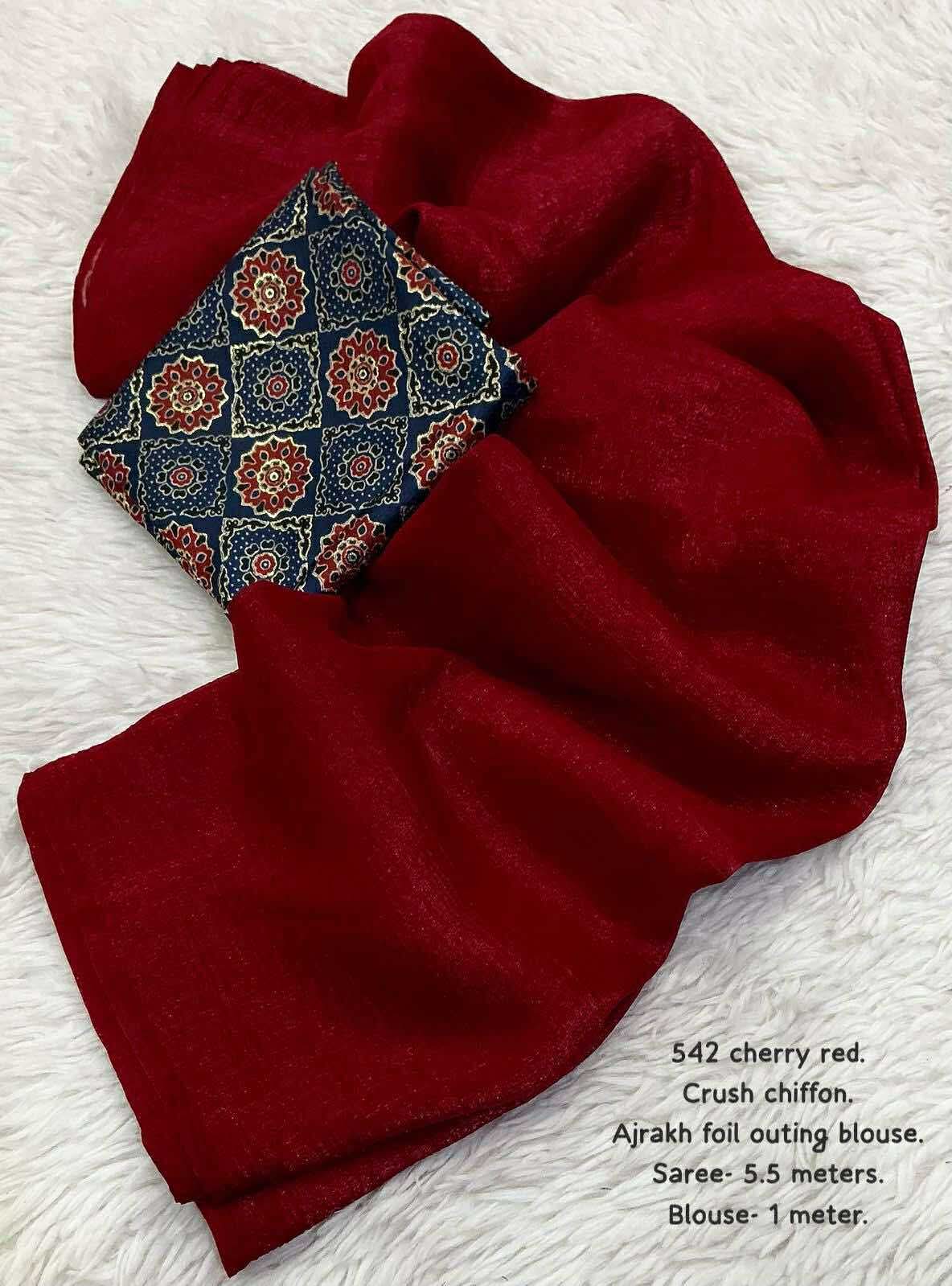 ROSEWOOD Color Soft Crush Chiffon Saree Paired with Contrast ajrakh prints with foil outings crape silk Blouse piece