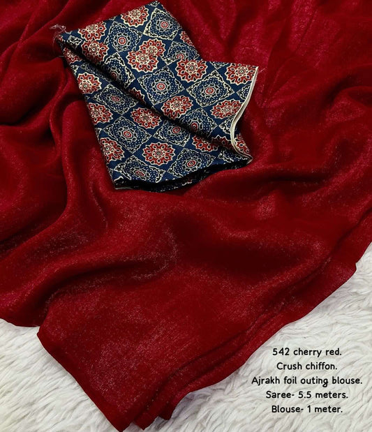 ROSEWOOD Color Soft Crush Chiffon Saree Paired with Contrast ajrakh prints with foil outings crape silk Blouse piece