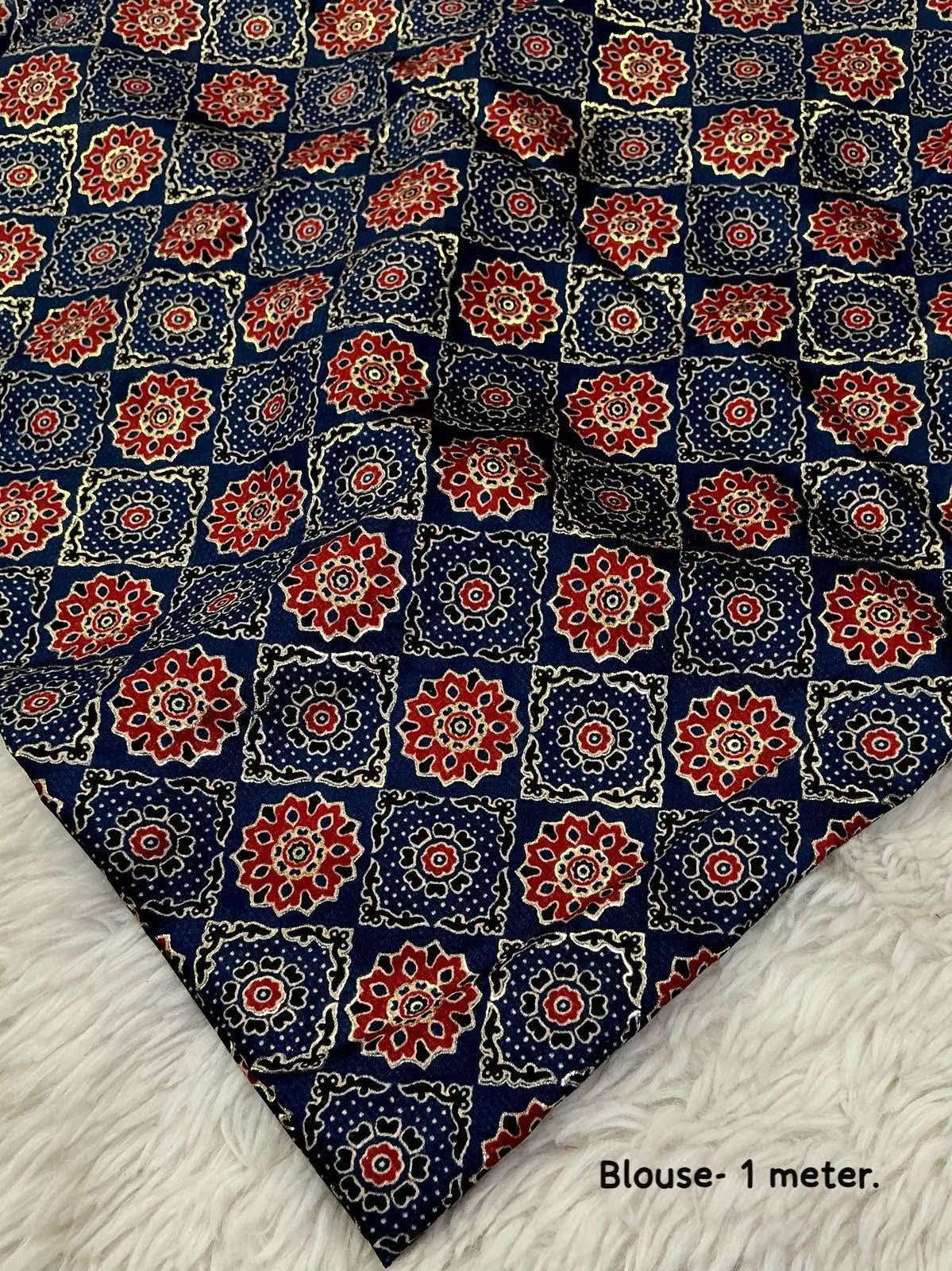 ROSEWOOD Color Soft Crush Chiffon Saree Paired with Contrast ajrakh prints with foil outings crape silk Blouse piece