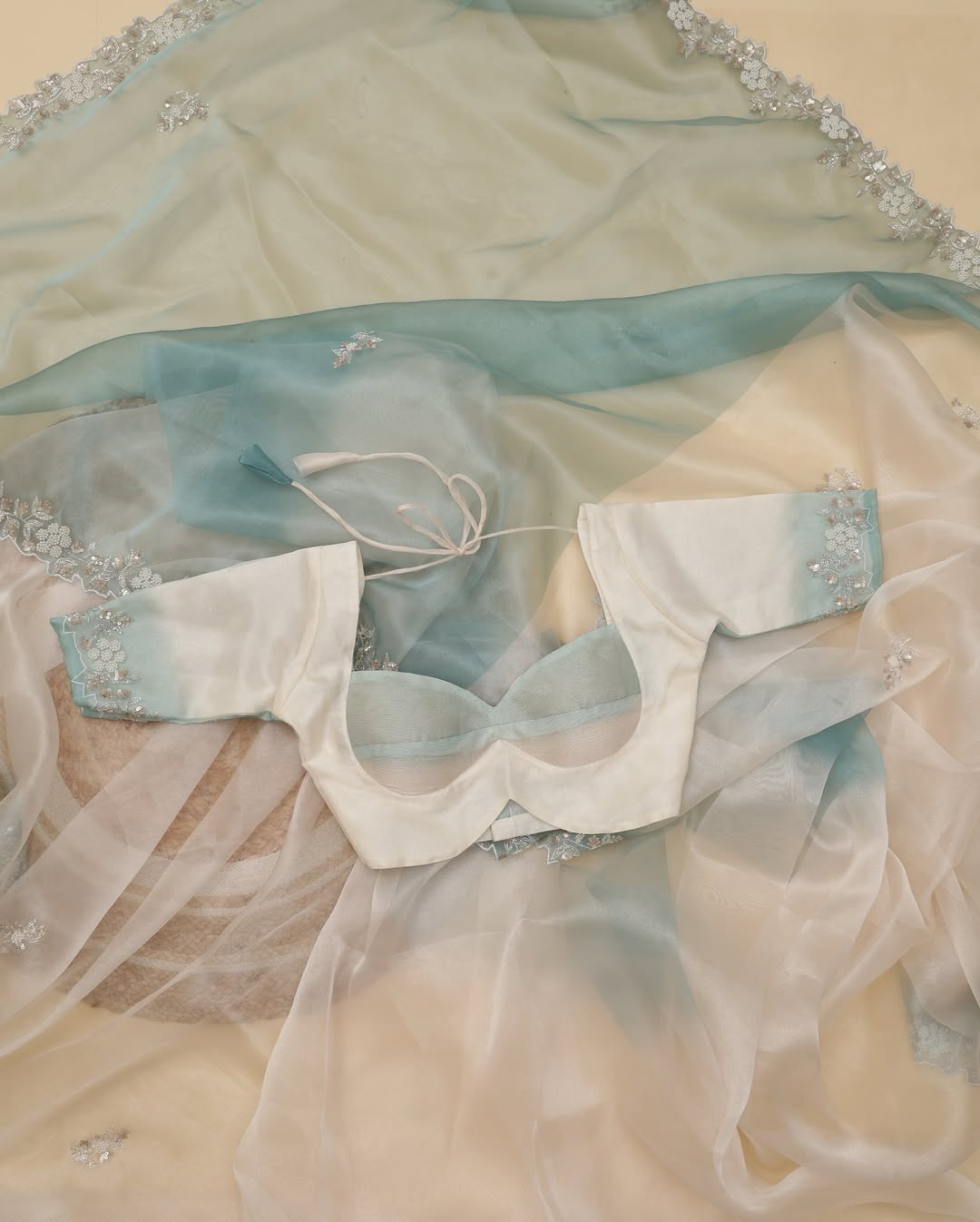 Premium Shaded Organza Saree with Exquisite Khatli, Beads and Sequins Work Aacro Border and Pallu