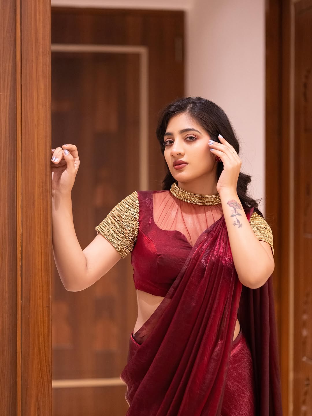 Stardust Satin Saree Paired with Heavy Designed Blouse piece with PEARL Work, KHATLI Work and BEADS Work