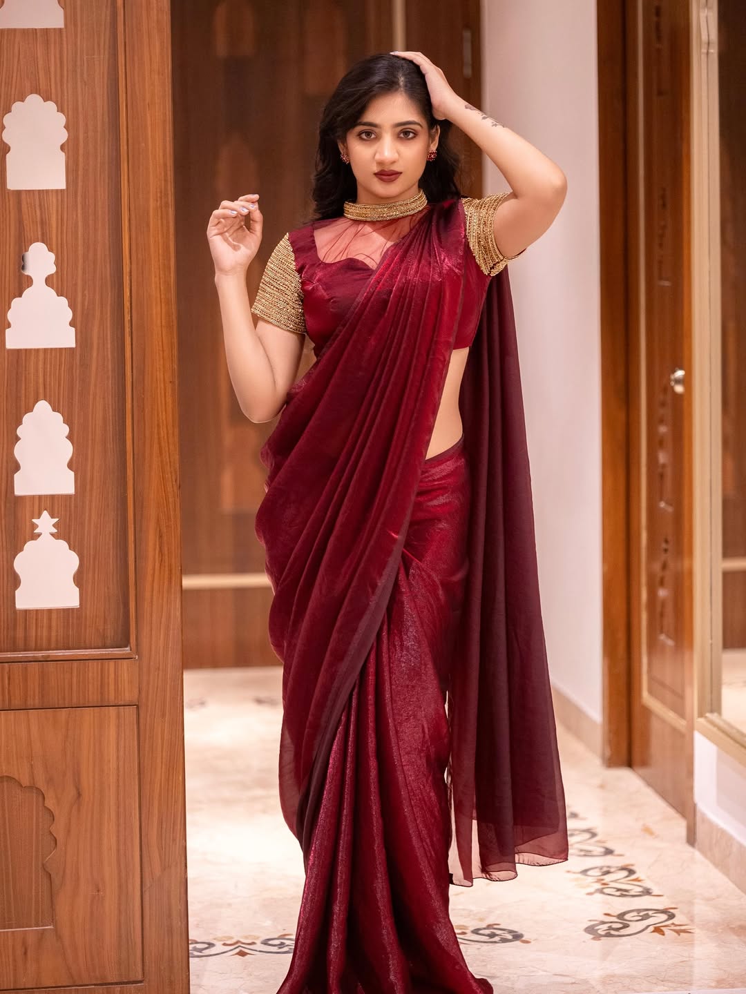 Stardust Satin Saree Paired with Heavy Designed Blouse piece with PEARL Work, KHATLI Work and BEADS Work