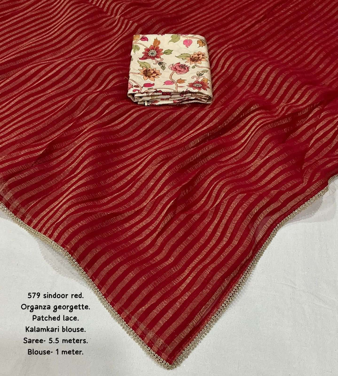 VERMILLION RED Soft Georgette Organza Saree with zari stripe style leheriya zari woven design with Patched lace Border....

Perfectly matched crape silk kalamkari foil
Blouse