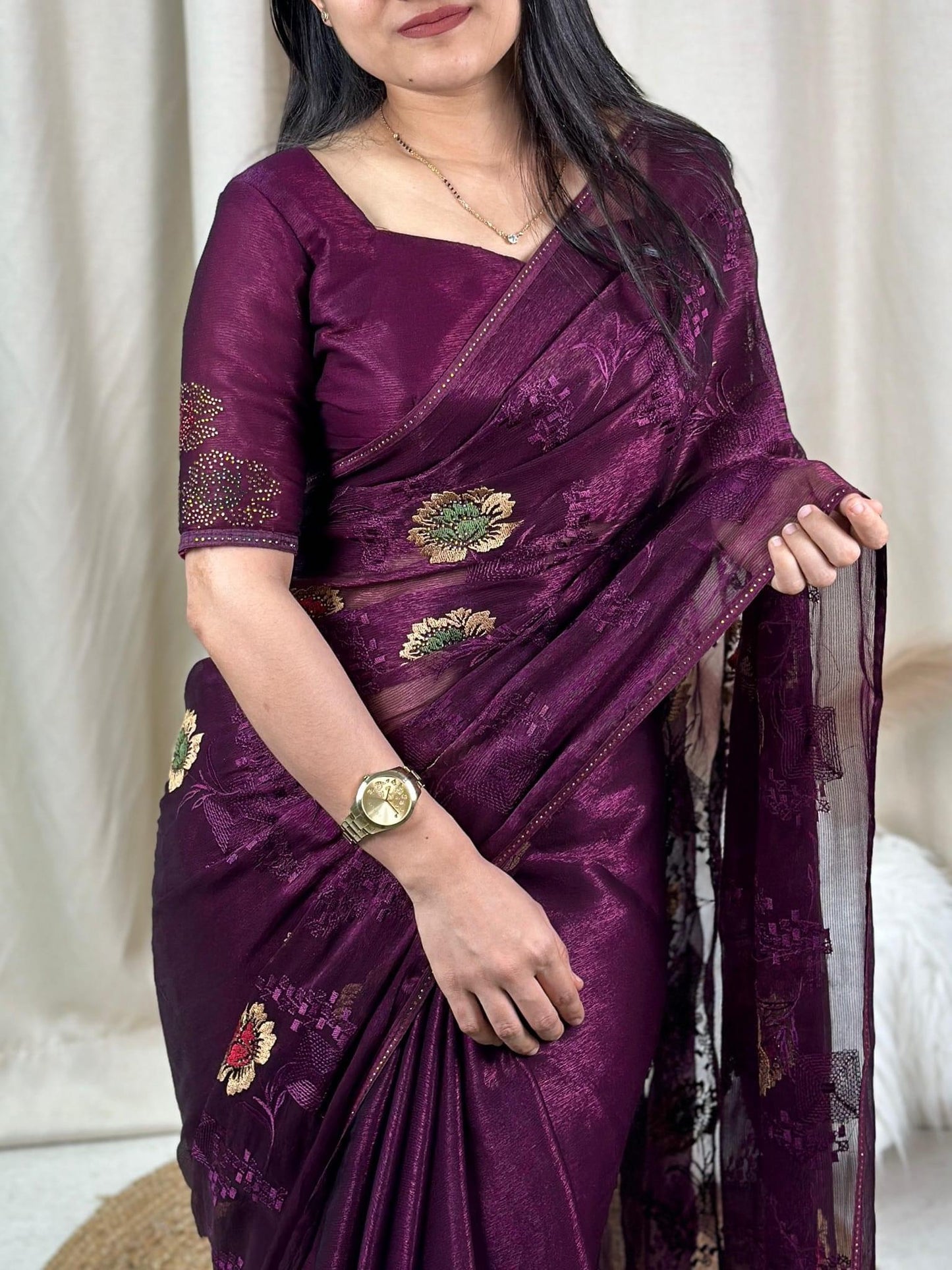 Chiffon Saree With Embroidery and Swarovski Work