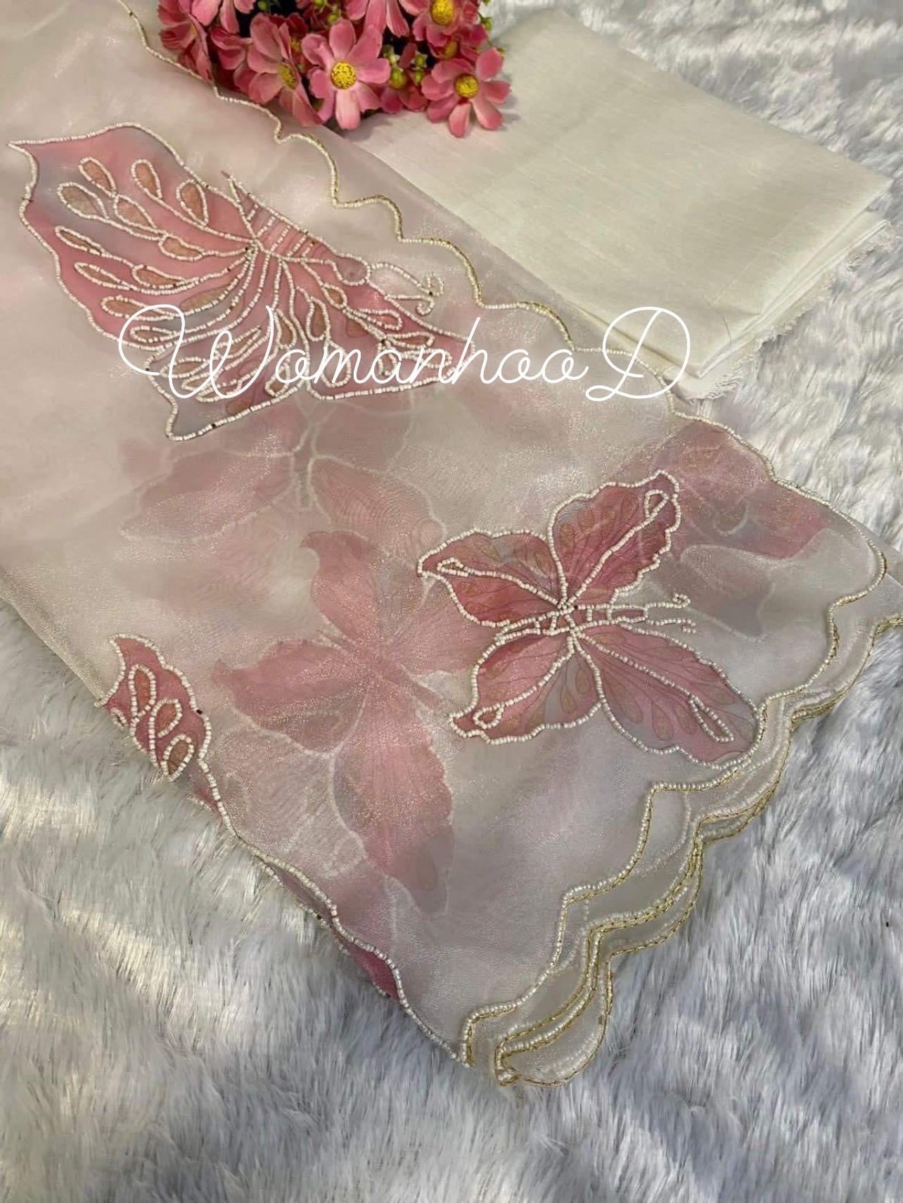 Organza Saree with Pearl Work Digital Printed Butterfly 🦋 Work and Aacro Border Pearl Work