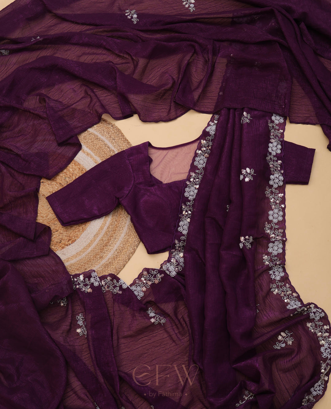 MULBERRY PURPLE Chiffon Silk Saree Heavy Handwork with Beads work, Khatli Work, Sequins Work and Aacro Border