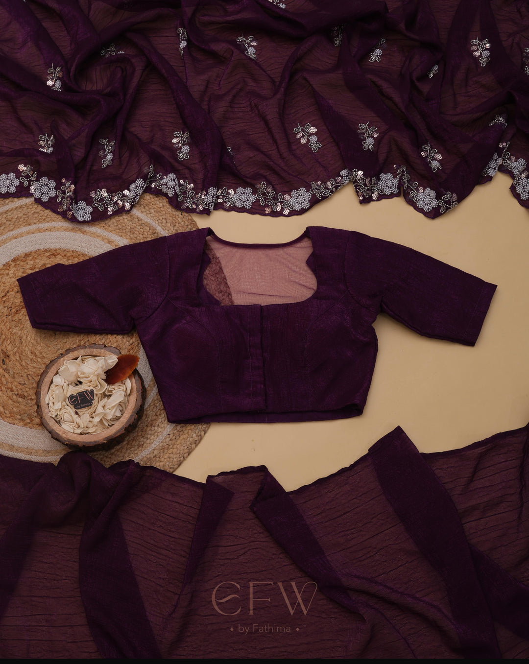 MULBERRY PURPLE Chiffon Silk Saree Heavy Handwork with Beads work, Khatli Work, Sequins Work and Aacro Border