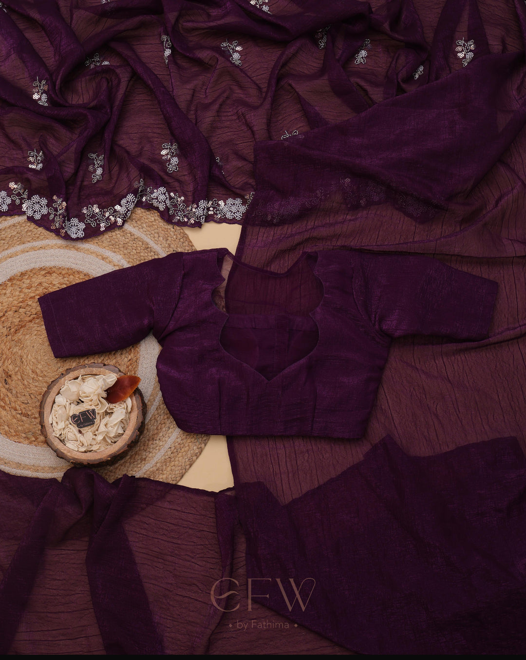 MULBERRY PURPLE Chiffon Silk Saree Heavy Handwork with Beads work, Khatli Work, Sequins Work and Aacro Border