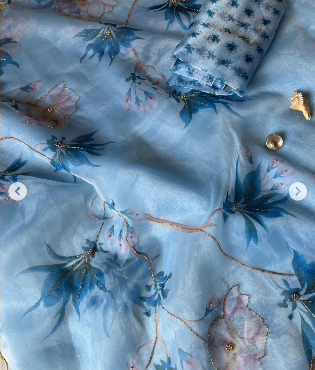 Organza Saree with Pearl and Khatli Work Powder Blue Color