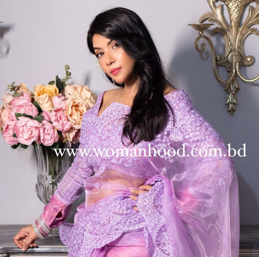 LAVENDER Color Organza Saree embellished with dori, Hand embroidery and cut-work. Saree comes with unstitched Organza Full worked blouse piece