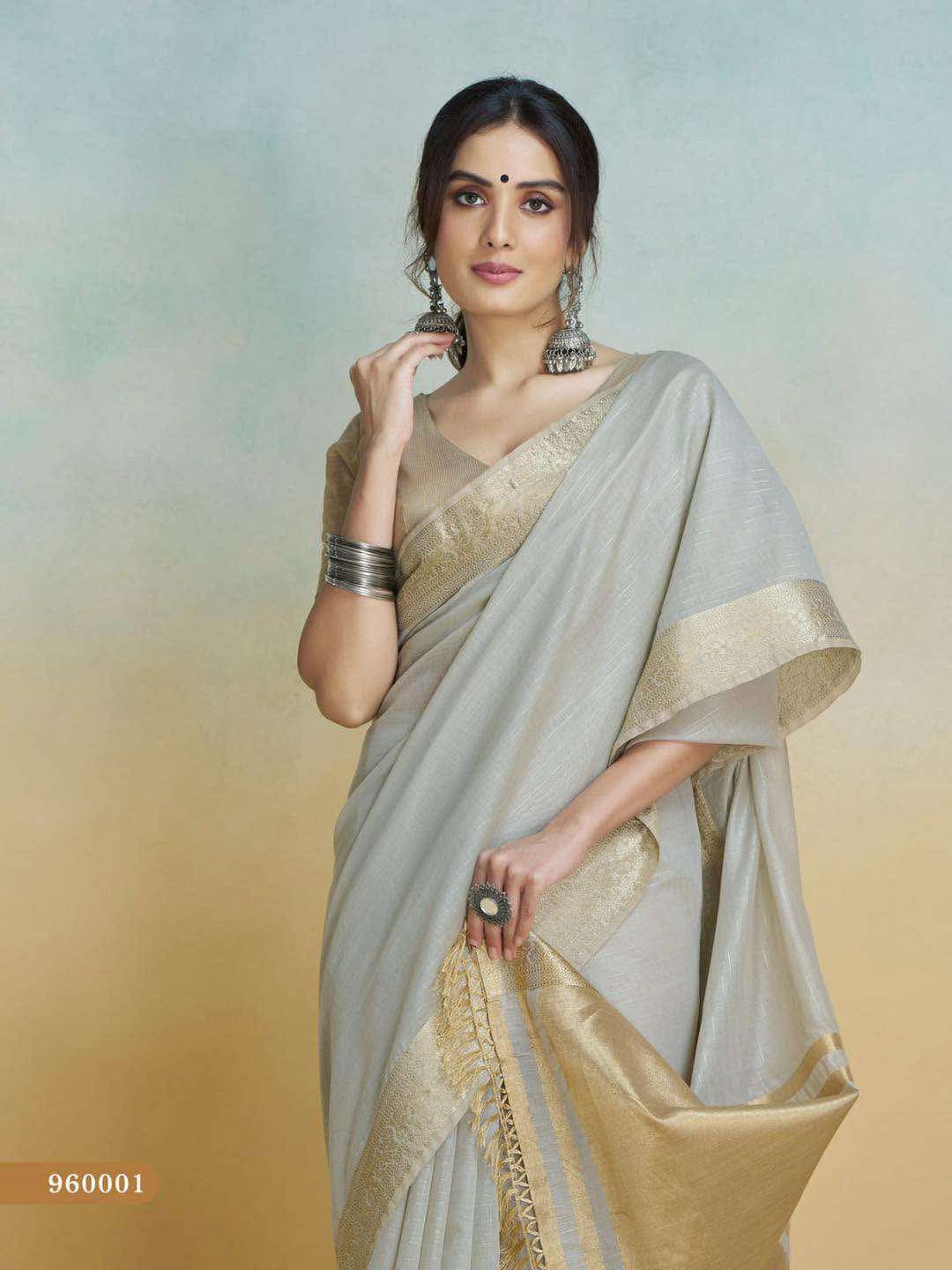 PEARL GREY PURE HANDLOOM KHADI SILK SAREE WITH Rainbow Jari Lining All Over The Saree and Heavy Weaving Border and Pallu