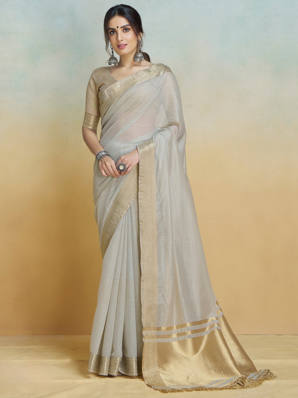 PEARL GREY PURE HANDLOOM KHADI SILK SAREE WITH Rainbow Jari Lining All Over The Saree and Heavy Weaving Border and Pallu