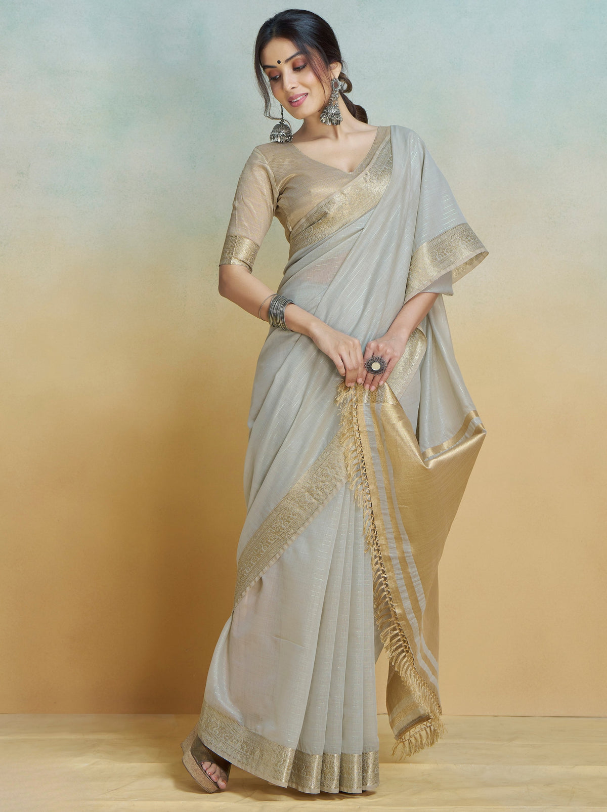 PEARL GREY PURE HANDLOOM KHADI SILK SAREE WITH Rainbow Jari Lining All Over The Saree and Heavy Weaving Border and Pallu