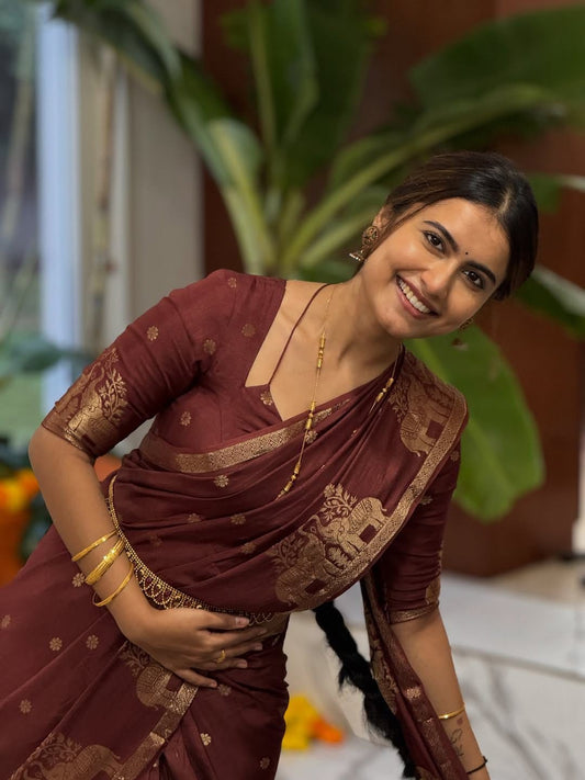 DEEP CHERRYWOOD COLOR Soft Viscose Russian Silk Jacquard Weaving Saree