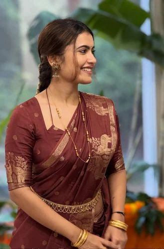 DEEP CHERRYWOOD COLOR Soft Viscose Russian Silk Jacquard Weaving Saree