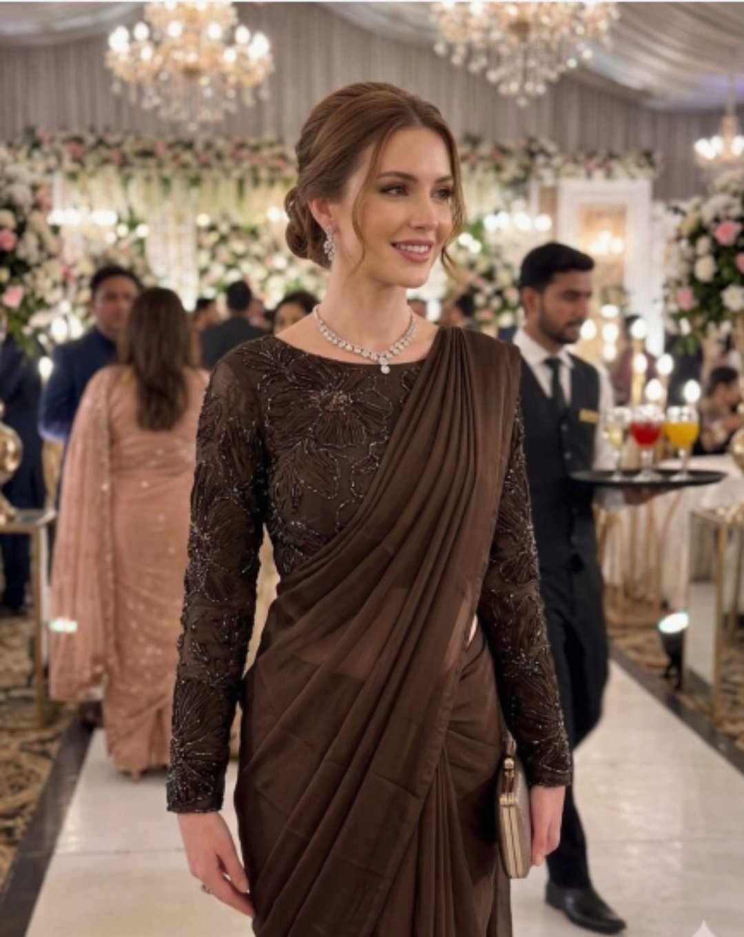DARK COFFEE MOCHA Color Fendi Silk PLAIN Saree