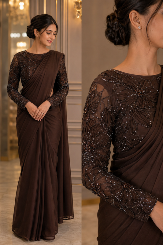 DARK COFFEE MOCHA Color Fendi Silk PLAIN Saree