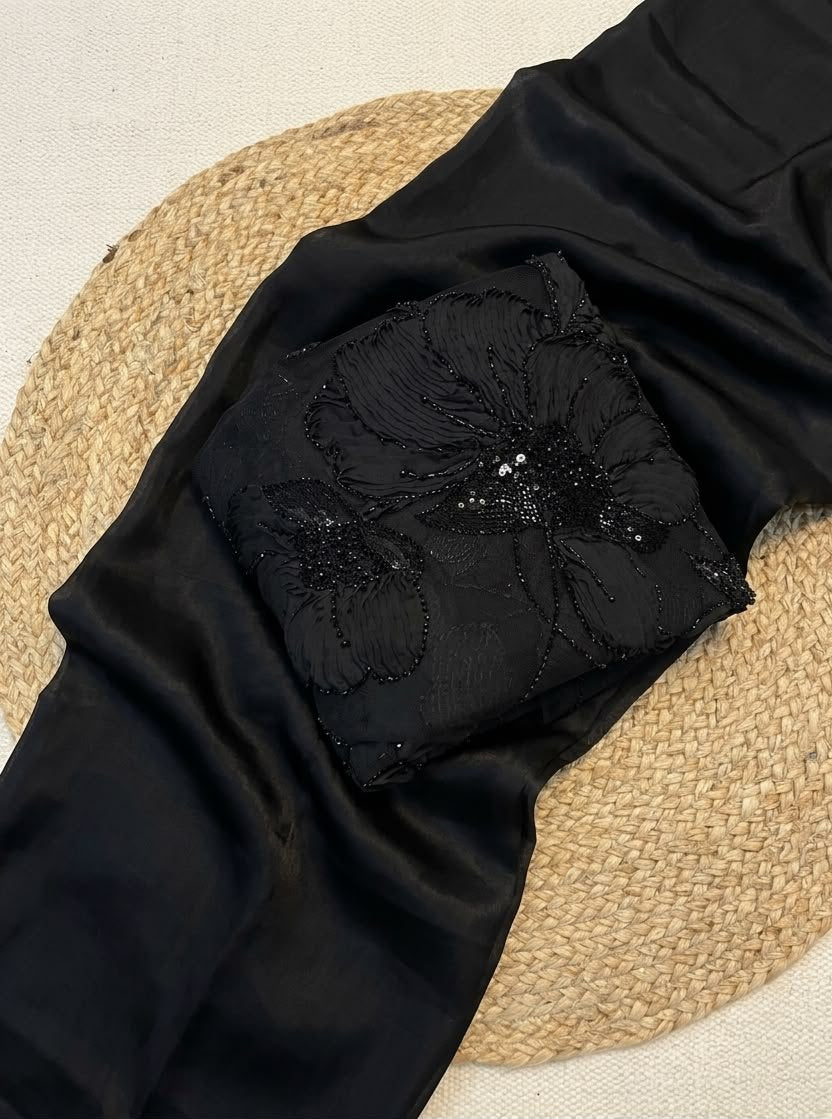 BOLD BLACK Color Fendi Silk PLAIN Saree