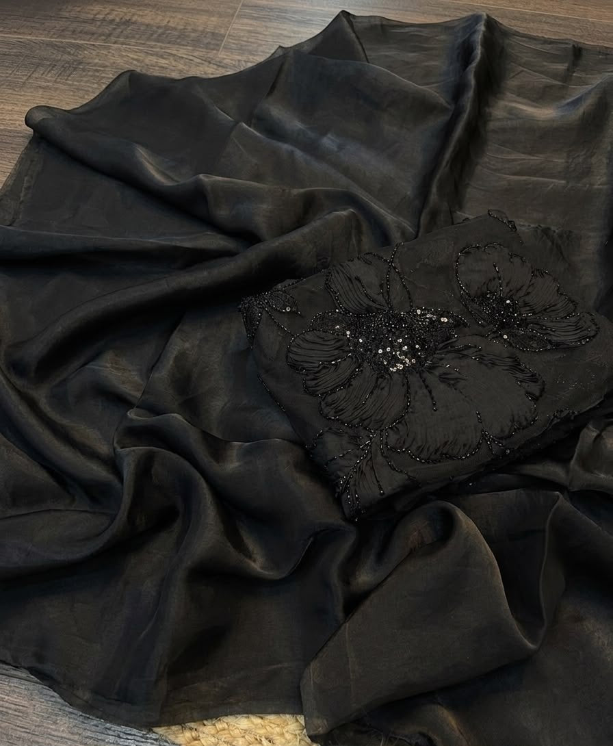 BOLD BLACK Color Fendi Silk PLAIN Saree