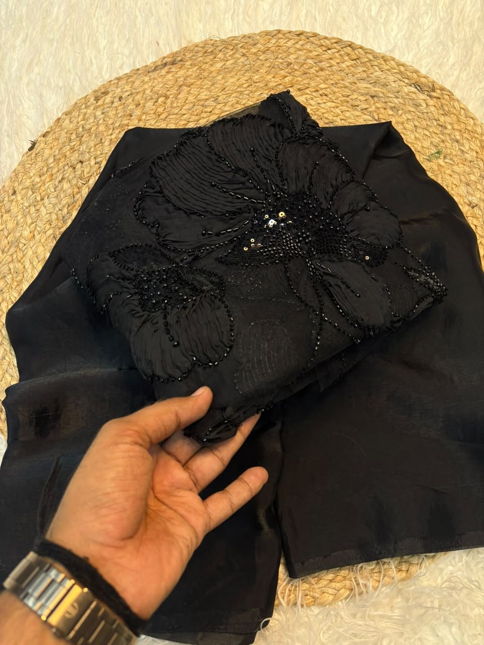 BOLD BLACK Color Fendi Silk PLAIN Saree