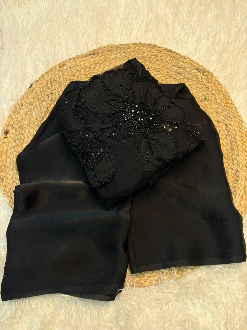 BOLD BLACK Color Fendi Silk PLAIN Saree