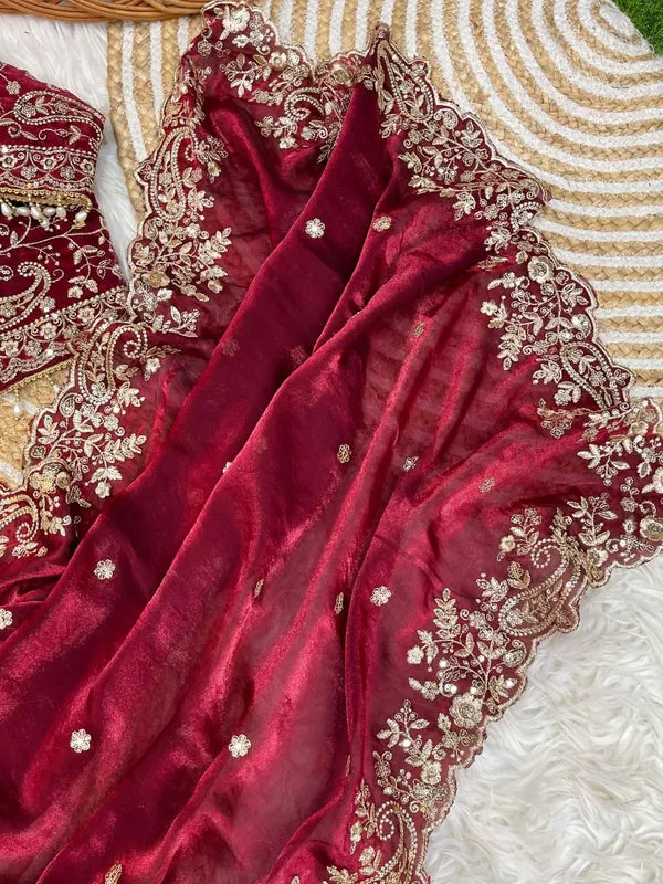 Maroon space silk embroidery saree