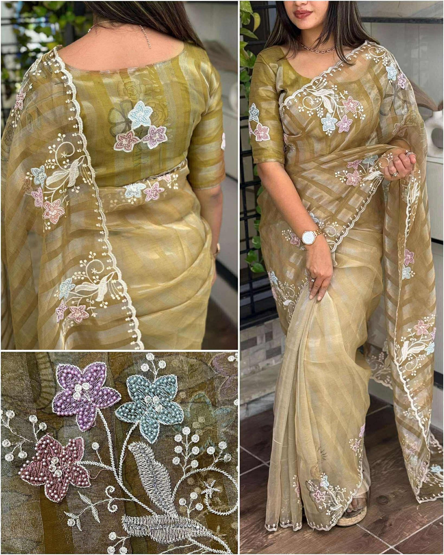 Muted Olive and Pale Gold Shaded Pure Tissue Saree with Thread Embroidery work, Pearl stone work in full saree with Silver and Gold zari weaving stripes