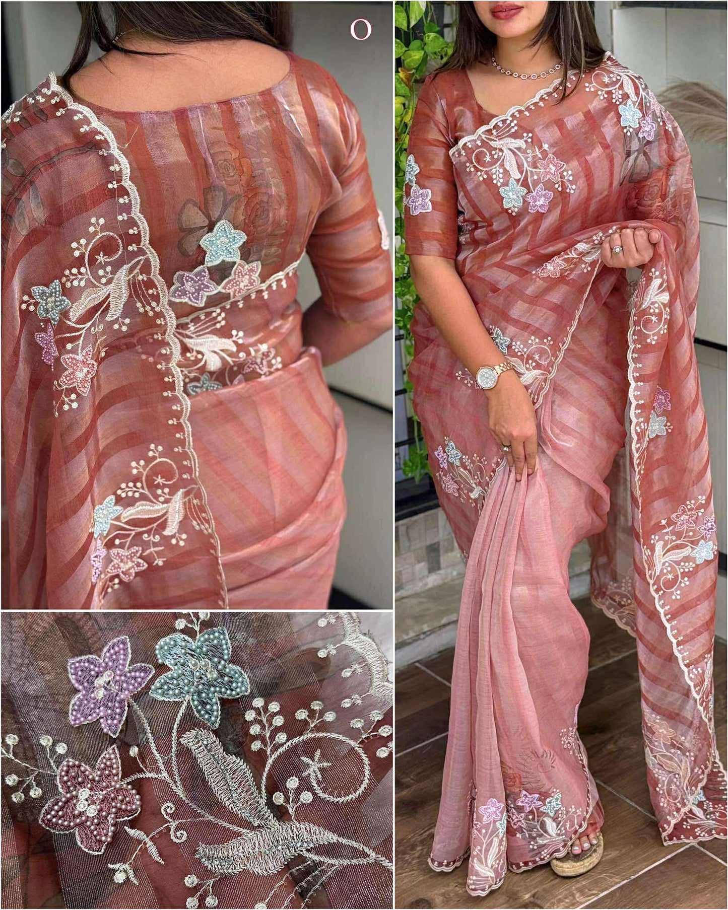 Muted Brown and Mauve Shaded Pure Tissue Saree with Thread Embroidery work, Pearl stone work in full saree with Silver and Gold zari weaving stripes