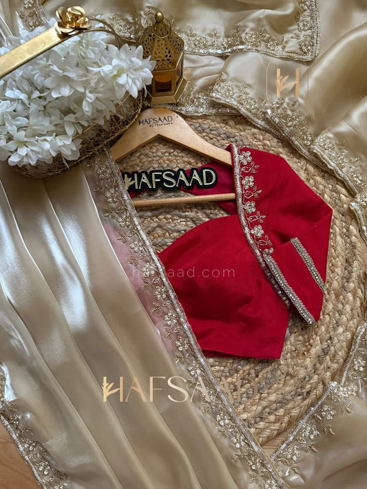 Royal Beauty of Satin Organza BEIGE COLOR Saree with Heavy Khatli Work, Sequins Work and Beads Work and Same Work on PURE RED Color Blouse Piece