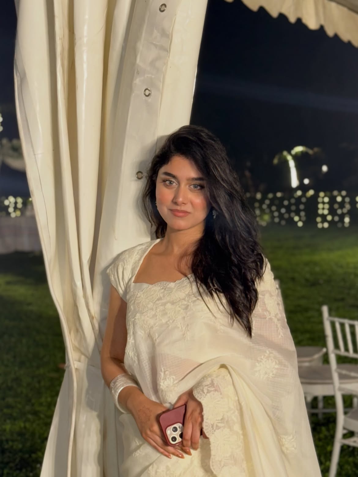 Cream White Kota Chex Embroidery Saree