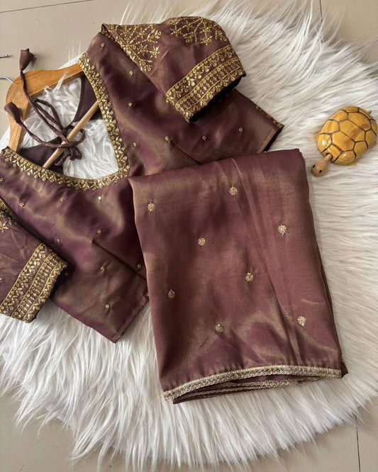 Soft Cosmos Tissue Silk Golden Zari Sabyasachi Inspired Sarees with Designer Stitched Blouse