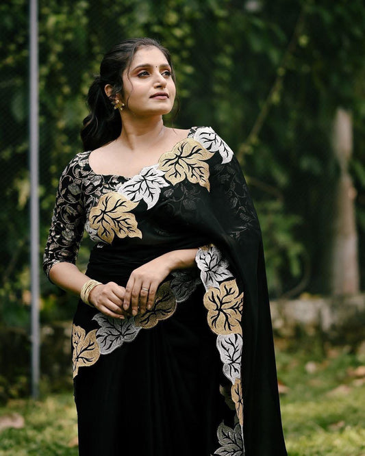 Soft Satin Chiffon Saree with leaf design embroidery with cutwork Trending combination of silver and gold zari