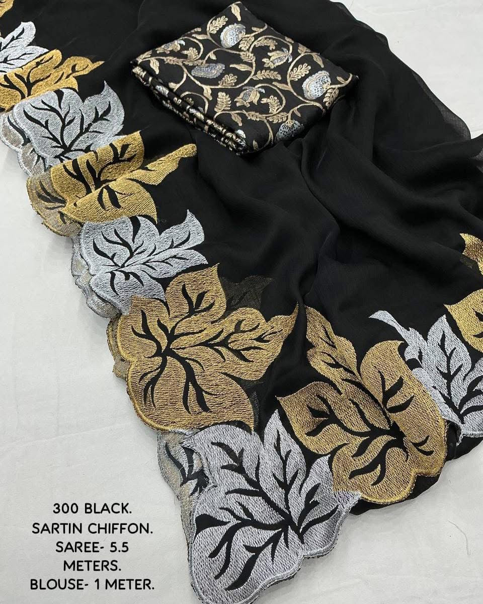 Soft Satin Chiffon Saree with leaf design embroidery with cutwork Trending combination of silver and gold zari