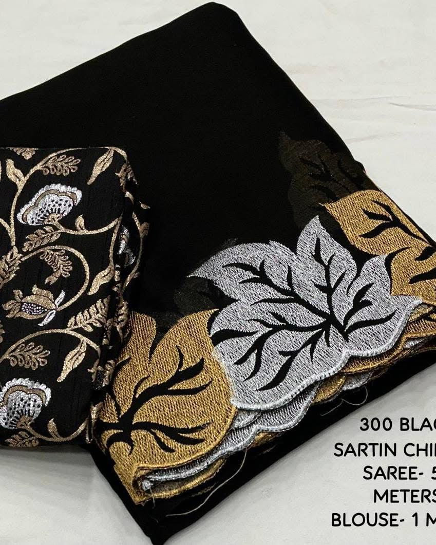 Soft Satin Chiffon Saree with leaf design embroidery with cutwork Trending combination of silver and gold zari