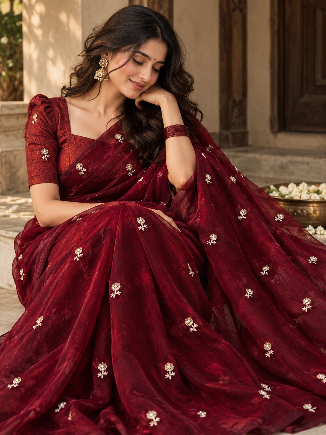 DEEP MAROON Color Stardust Satin Saree
