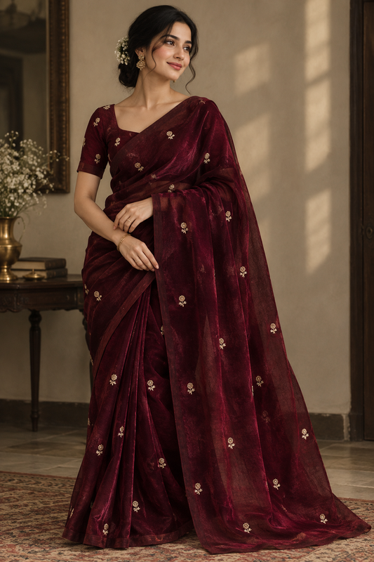 DEEP MAROON Color Stardust Satin Saree