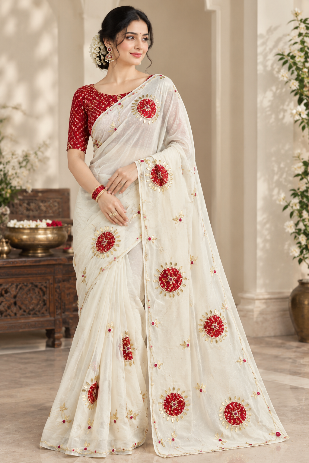 IVORY Color Light Weight Silk Saree with Heavy Beads, Handwork, Gota Patti and Sequins Work