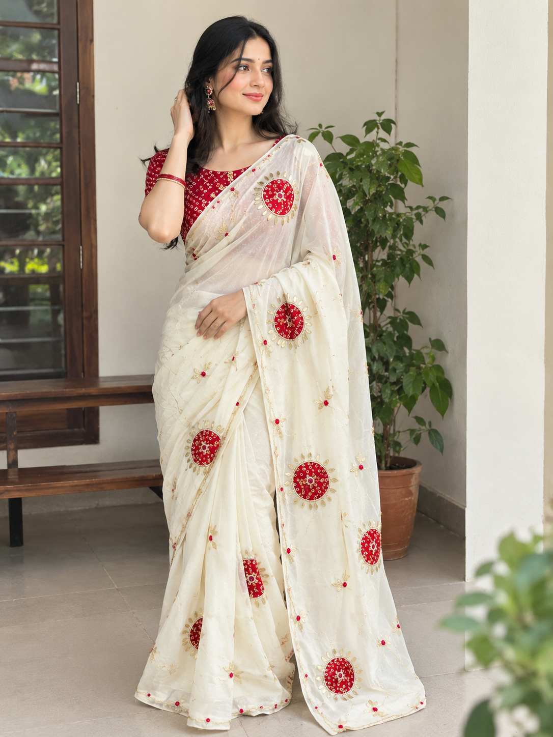 IVORY Color Light Weight Silk Saree with Heavy Beads, Handwork, Gota Patti and Sequins Work