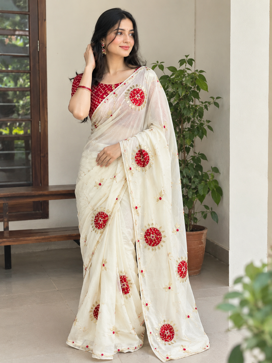 IVORY Color Light Weight Silk Saree with Heavy Beads, Handwork, Gota Patti and Sequins Work