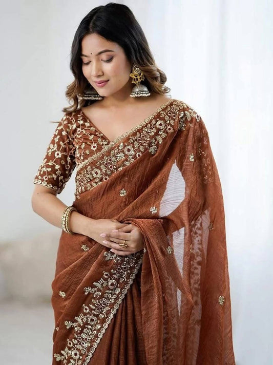 Premium Soft Fendy Chiffon Silk with Embroidery Sequins Work and Thread Work