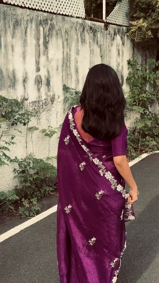 MULBERRY PURPLE Chiffon Silk Saree Heavy Handwork with Beads work, Khatli Work, Sequins Work and Aacro Border