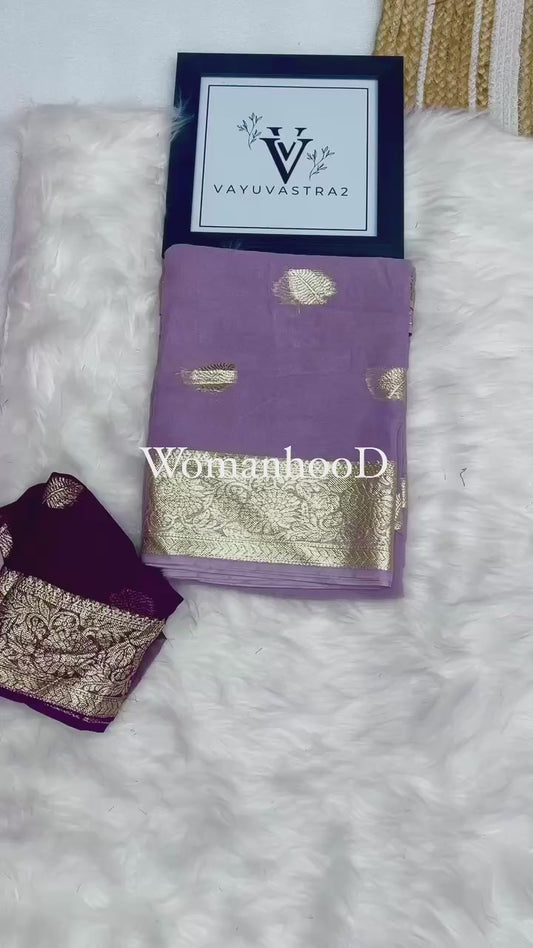Lilac Color Viscose Georgette Saree with Wine Color Blouse Piece